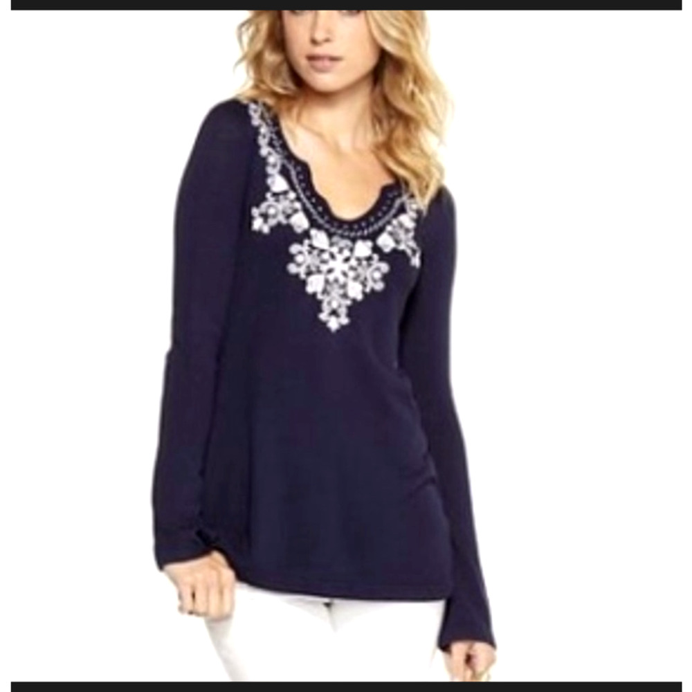 Lilly Pulitzer April Tunic Embroidered Navy Blue Sweater Size Small